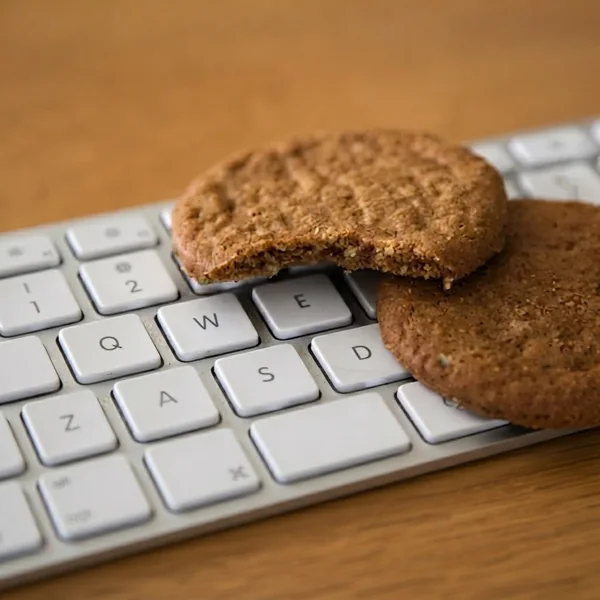 Twee koekjes op een computertoetsenbord, waarvan een met een hap eruit